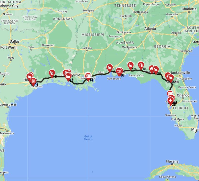 Motorhome trip planner from Houston to Tampa